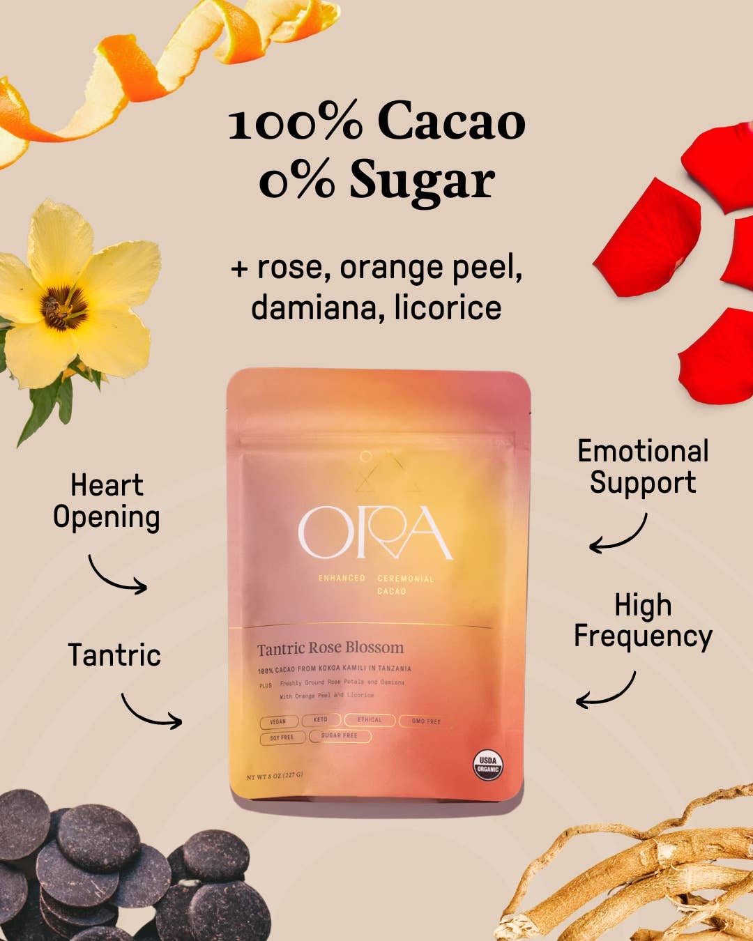Ora Cacao - Tantric Rose Blossom Enhanced Cacao - Organic - Ceremonial: 1/2 lb